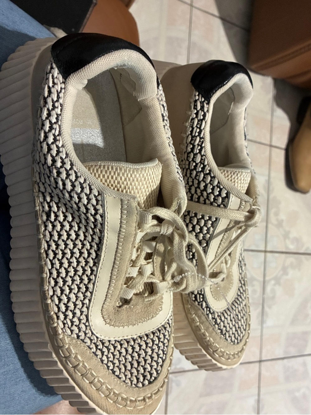 Dolce Vita Cream and Black Woven Lace-Up Sneakers